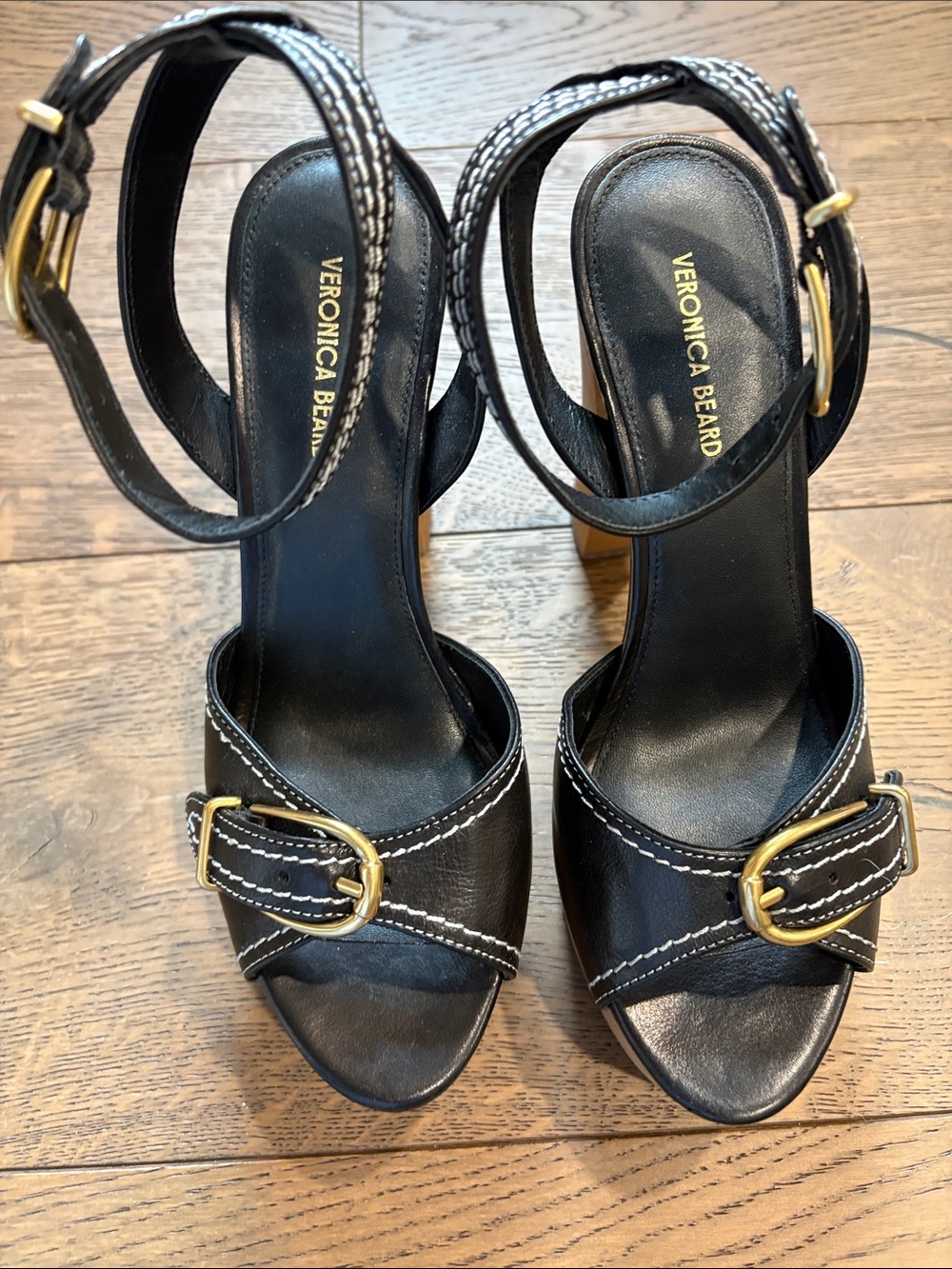 Veronica Beard Black Leather Buckle Platform Sandals